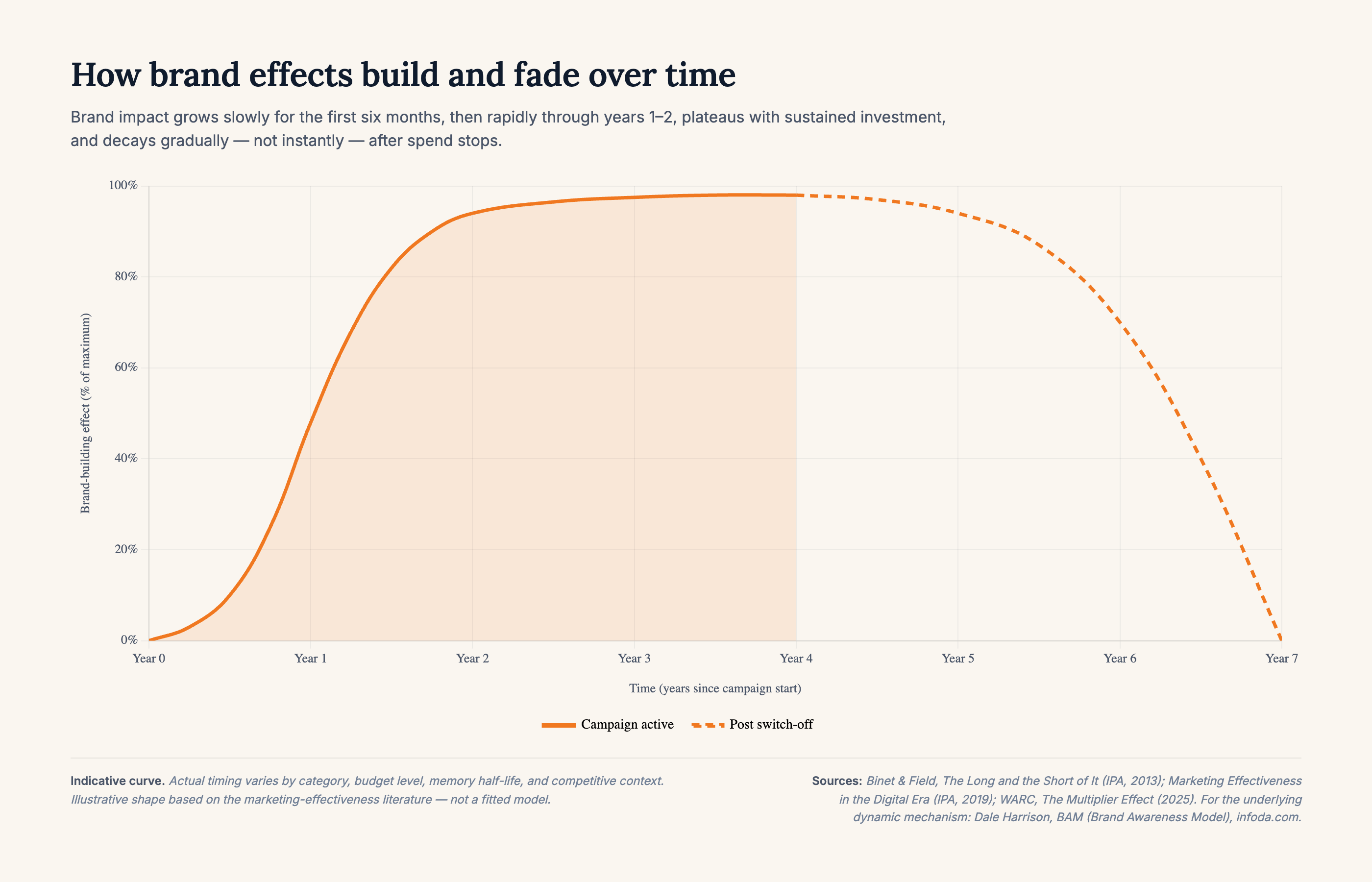 How brand effects build and fade over time. Slow ramp through the first six months, rapid build in years 1–2, plateau under sustained investment through year 4, then gradual decay for two years after spend stops — not a cliff.